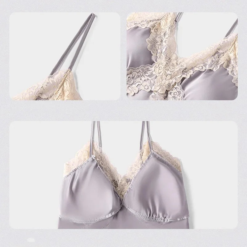 V Neck Spaghetti Strap Two Piece Sexy Satin Lace Trim Cami Top Shorts Lingerie