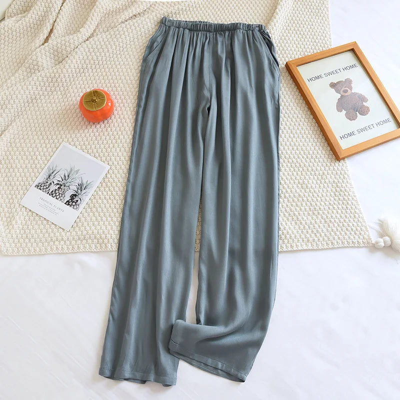 Loose Thin Solid Color Silk Satin Sleep Bottoms