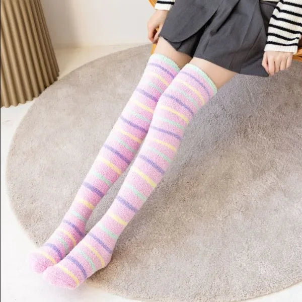 Fuzzy Fleece Over Knee Socks Plush Cozy Lined Terry Socks