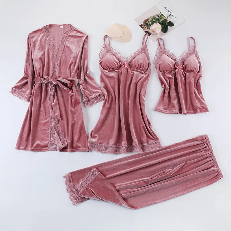Lace Velvet 4 Pieces Women Warm Pajamas Sets With Pants Sexy Robe Sleepwear Sleeveless Nightwear