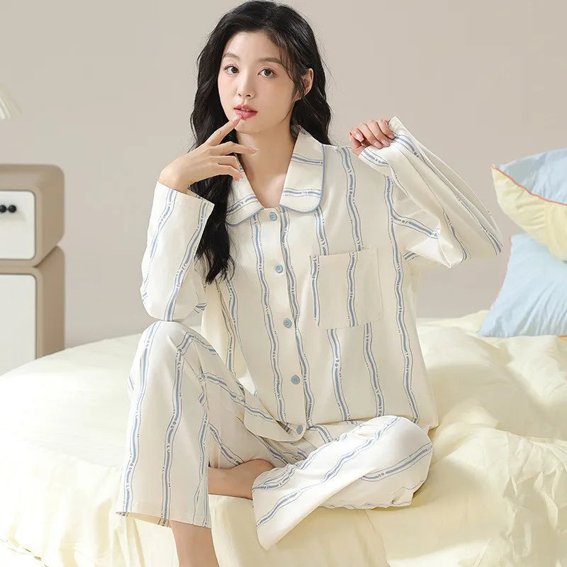 Women's Cardigan Long-sleeved Long Pants Cotton Comfortable Pajamas
