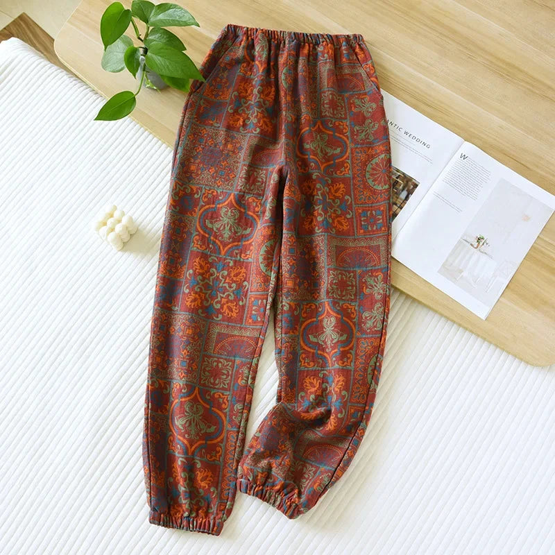 Jacquard Cute and Fresh Flower Pants 100% Cotton Loose Closing Home Pants