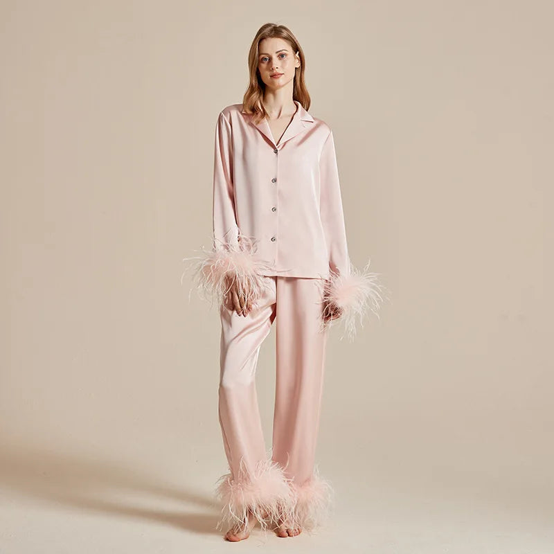 Luxury Feathers 2Pcs Silk Satin Long Sleeve Trouser Elegant Home Wear