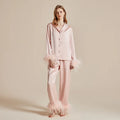 Luxury Feathers 2Pcs Silk Satin Long Sleeve Trouser Elegant Home Wear