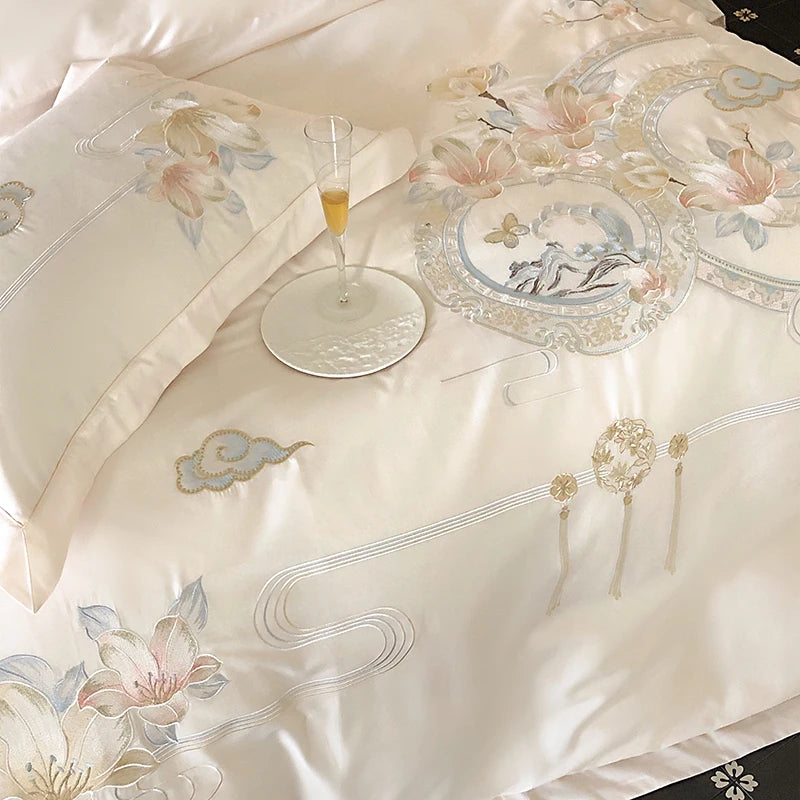 Flowers Bird Embroidery Luxury Bedding Set 1000TC Egyptian Cotton Duvet Cover Bed Sheet Pillowcases 4/5Pcs