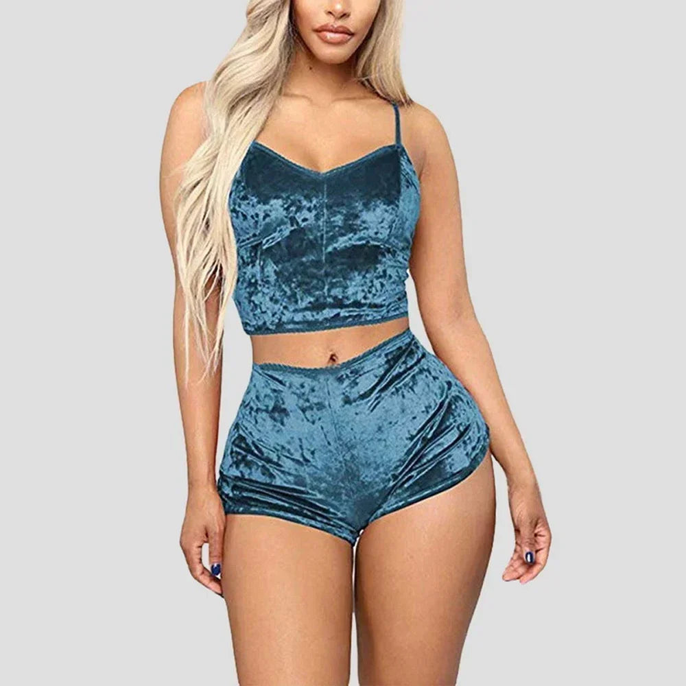 Velvet Polyester Comfortable V Neck Underwear Crop Top + Shorts Pajama Set
