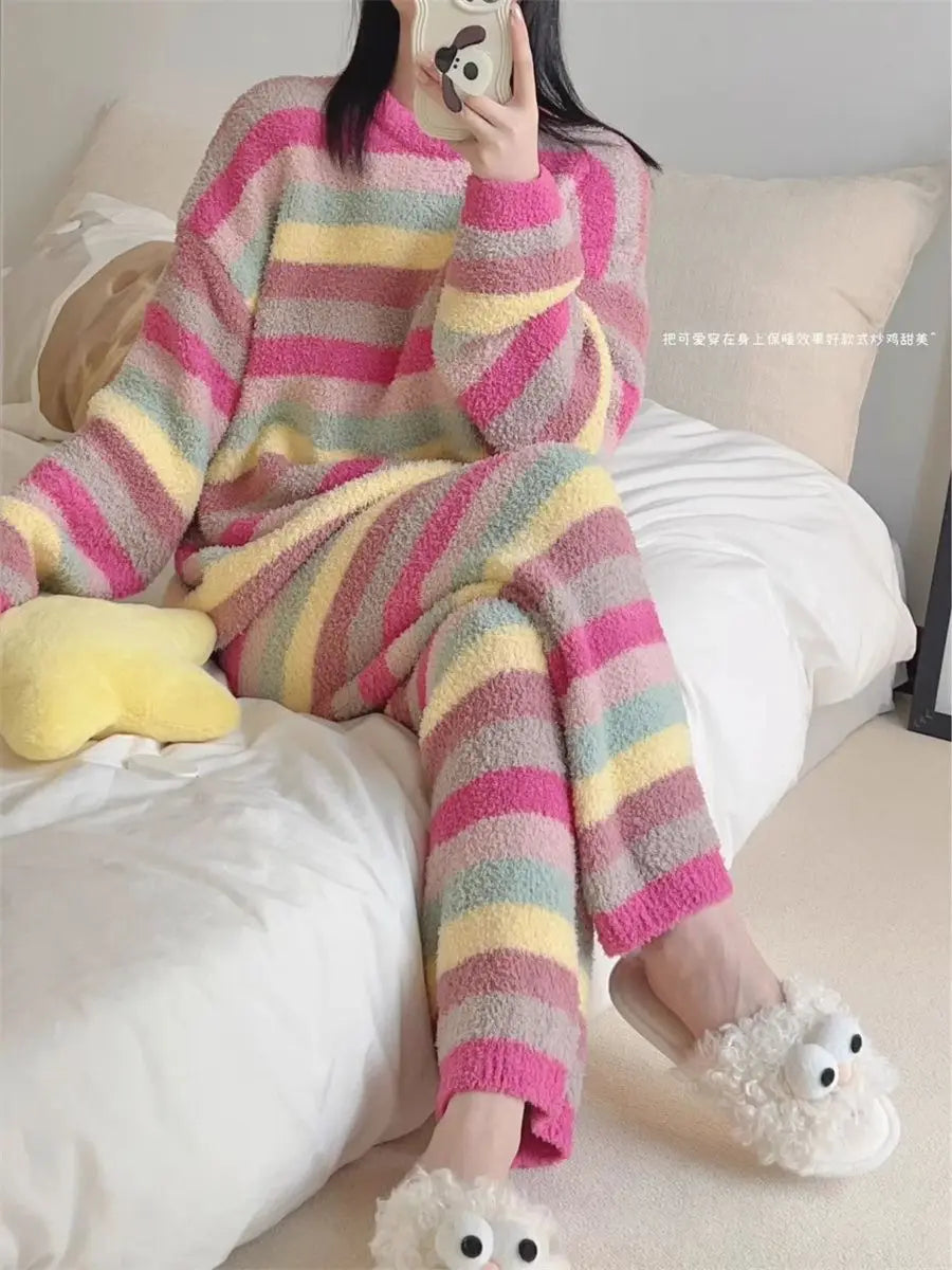 Cute Rainbow Pattern Simple Half-Fleece Warm Pajamas