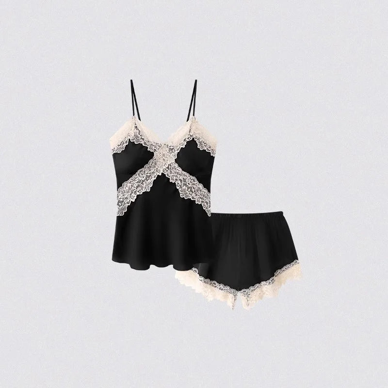 V Neck Spaghetti Strap Two Piece Sexy Satin Lace Trim Cami Top Shorts Lingerie