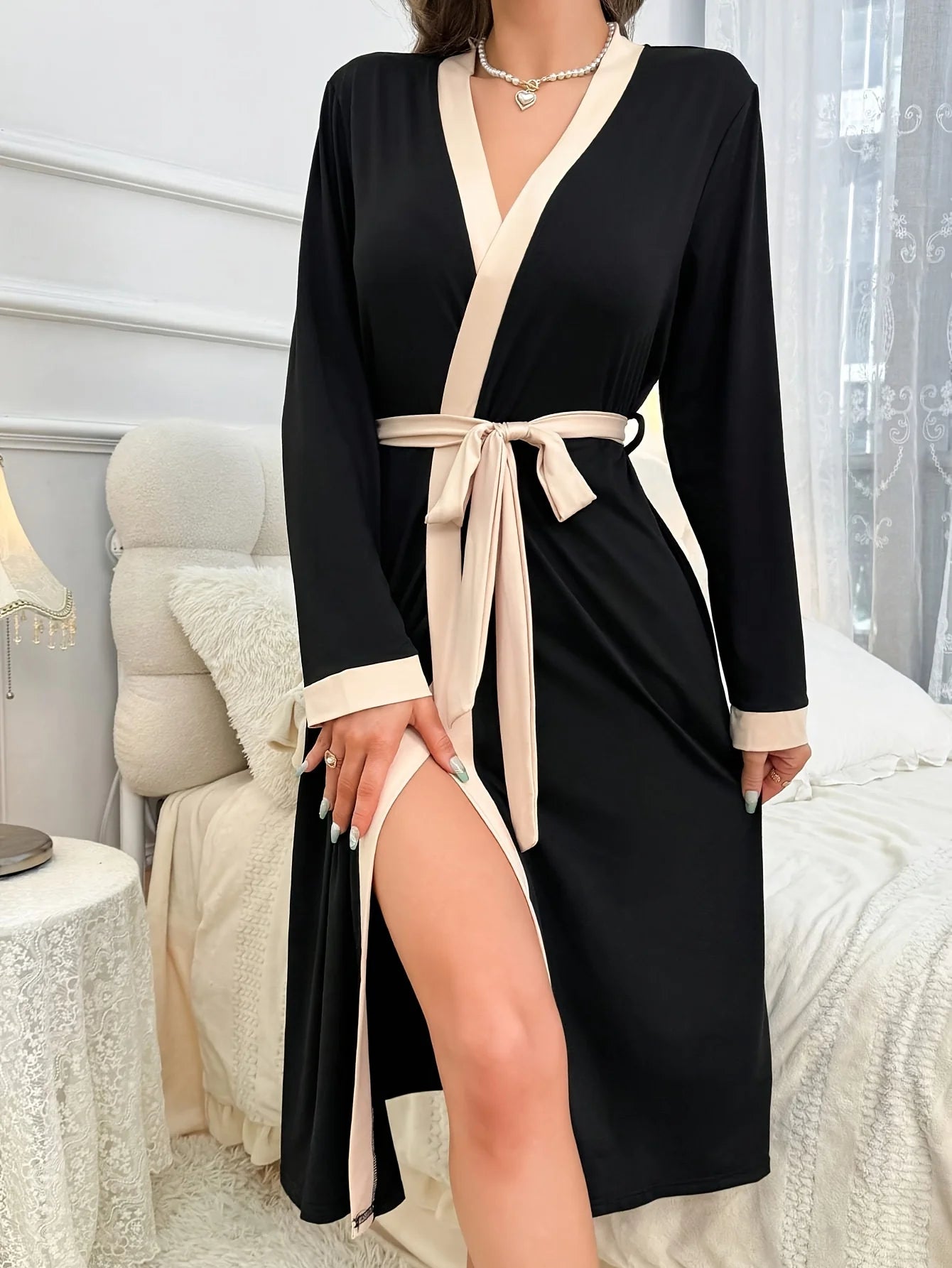 Long-sleeve Casual Simple Color Home Gown