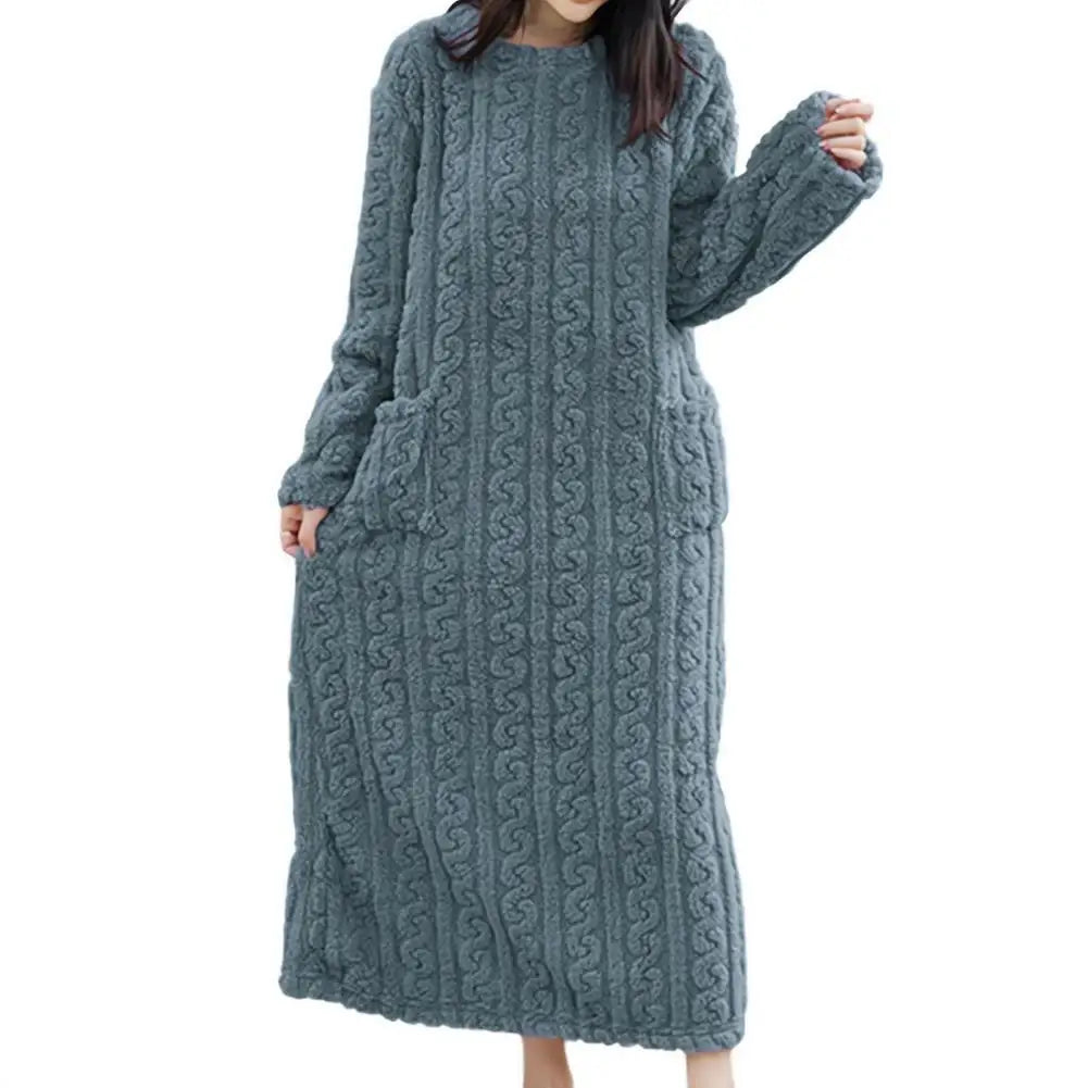 Velvet Women's Long Sleeve Double Pocket Flannel Loose Solid Sleepwear