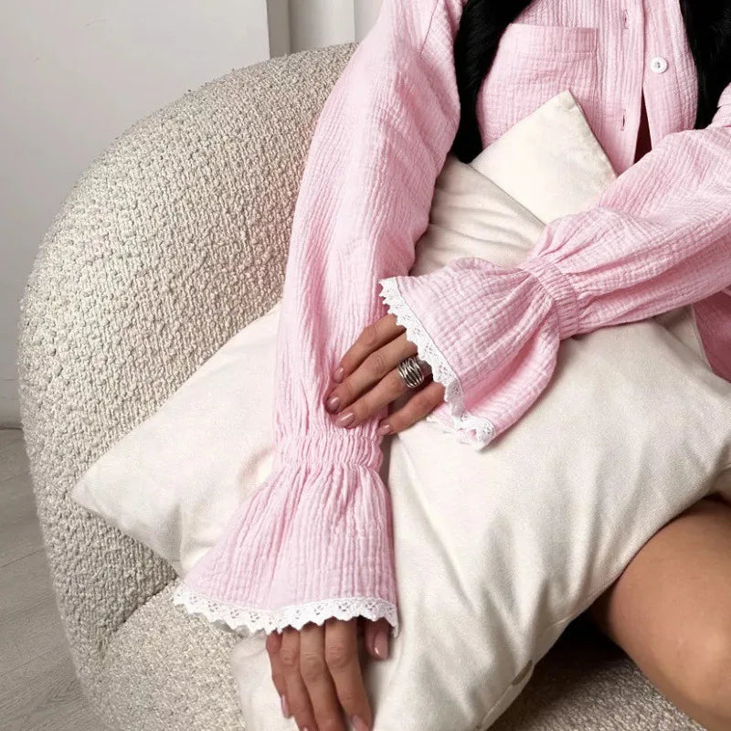 Pink Ruffle Long Sleeve Shirt Cotton And Shorts Sleepwear 2 Piece Set