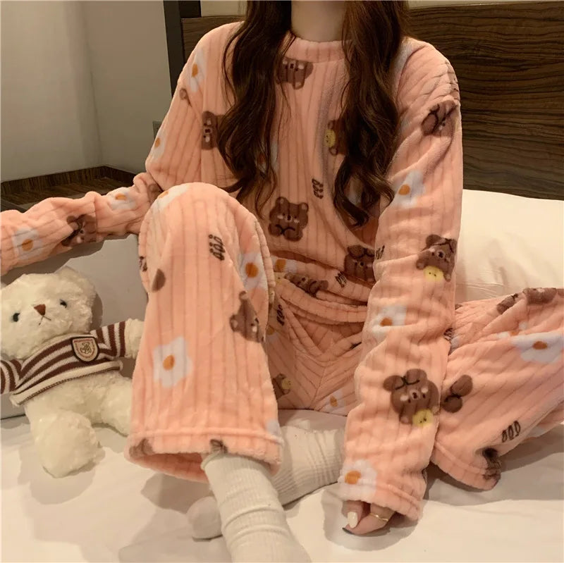 Fleece Print Warm Set Cozy Sleepwear Cute Cartoon Home Outfit Comfortable Loungewear Soft Pajamas