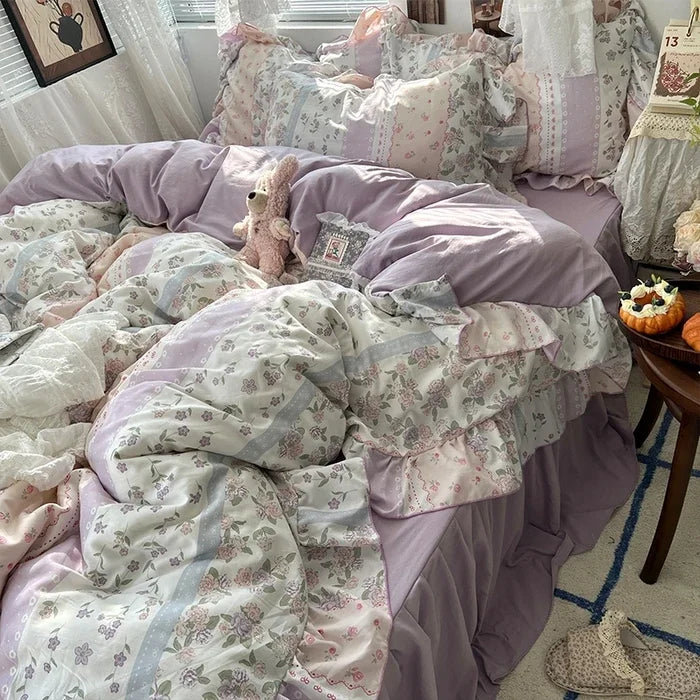 Princess Style Floral Ruffles Bedding Set Skin-friendly Soft Duvet Cover Set Bed Sheet Or Bed Skirt Pillowcases