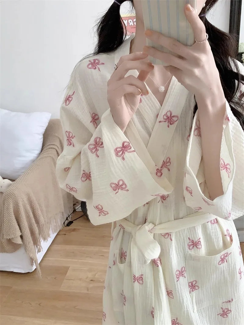 Korean-Style Pink Bow Casual Loose-Fit Loungewear Gown