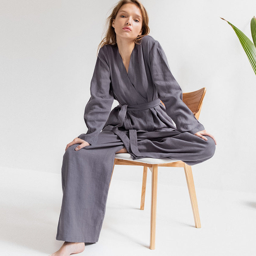 Cotton Linen Women Pajama Robe Sets Lace Up Long Sleeve