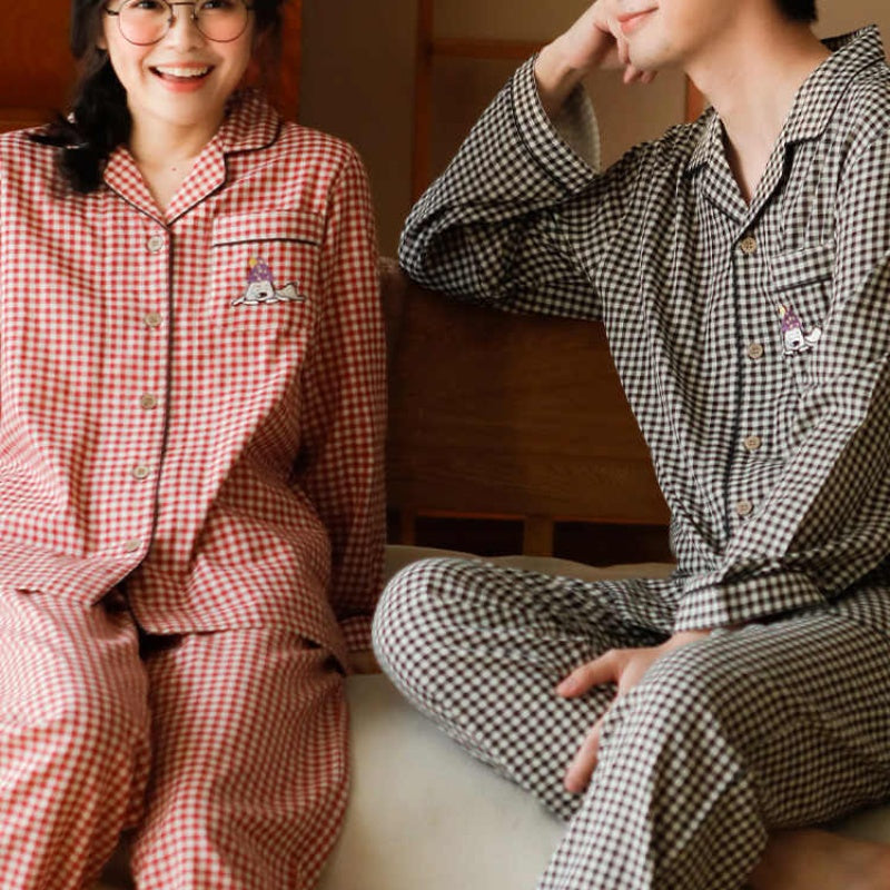 Cotton Gauze Embroidered Plaid Outdoor Casual Pajamas