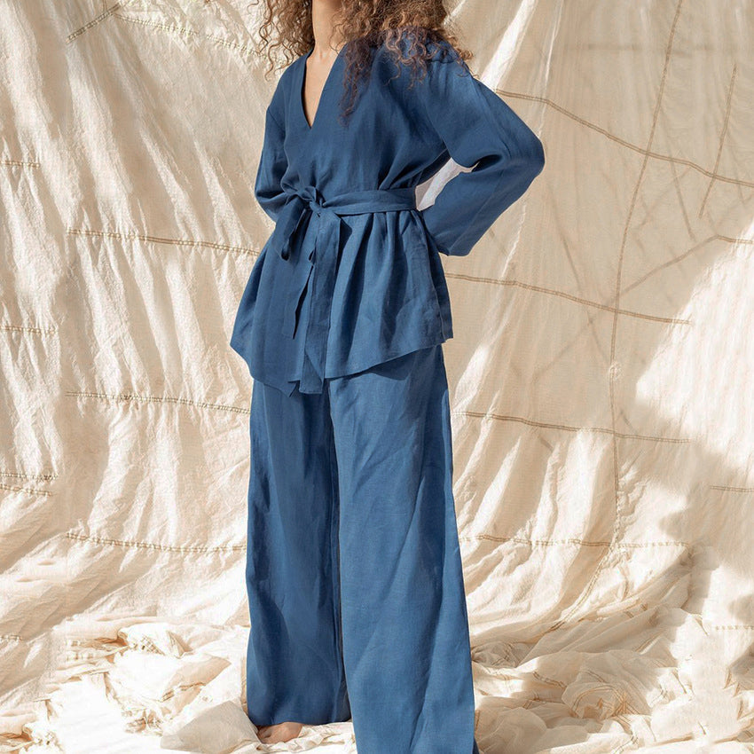 Cotton Linen Women Pajama Robe Sets Lace Up Long Sleeve