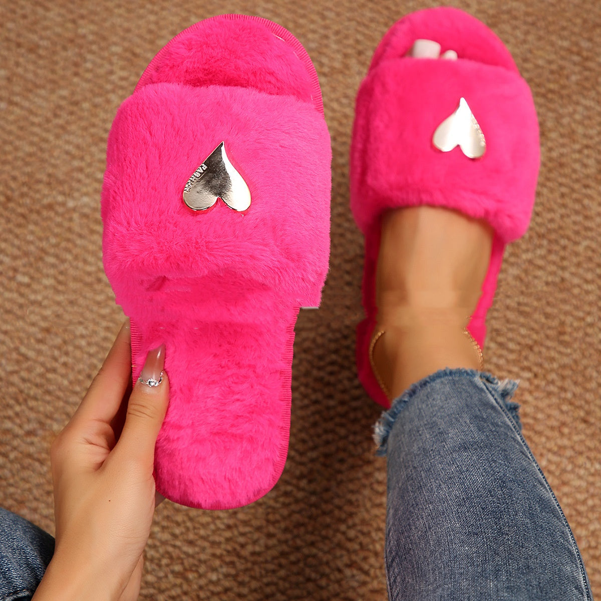 Fluffy Plush Heart Emblem Flip Flops