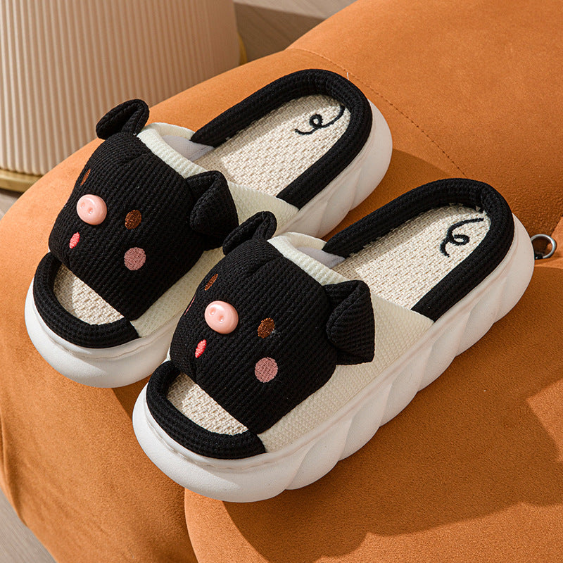 Cute Cartoon Piggy Open Toe Linen Home Slippers
