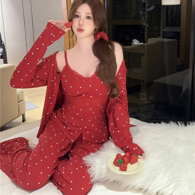 Cotton Heart Printed Long-sleeved Trousers Sling Three-piece Set