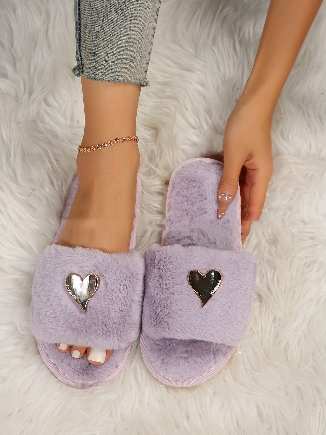 Fluffy Plush Heart Emblem Flip Flops