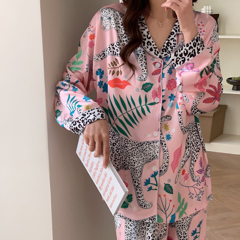 Women's Leopard Print Comfort Ice Silk Long-sleeved Trousers