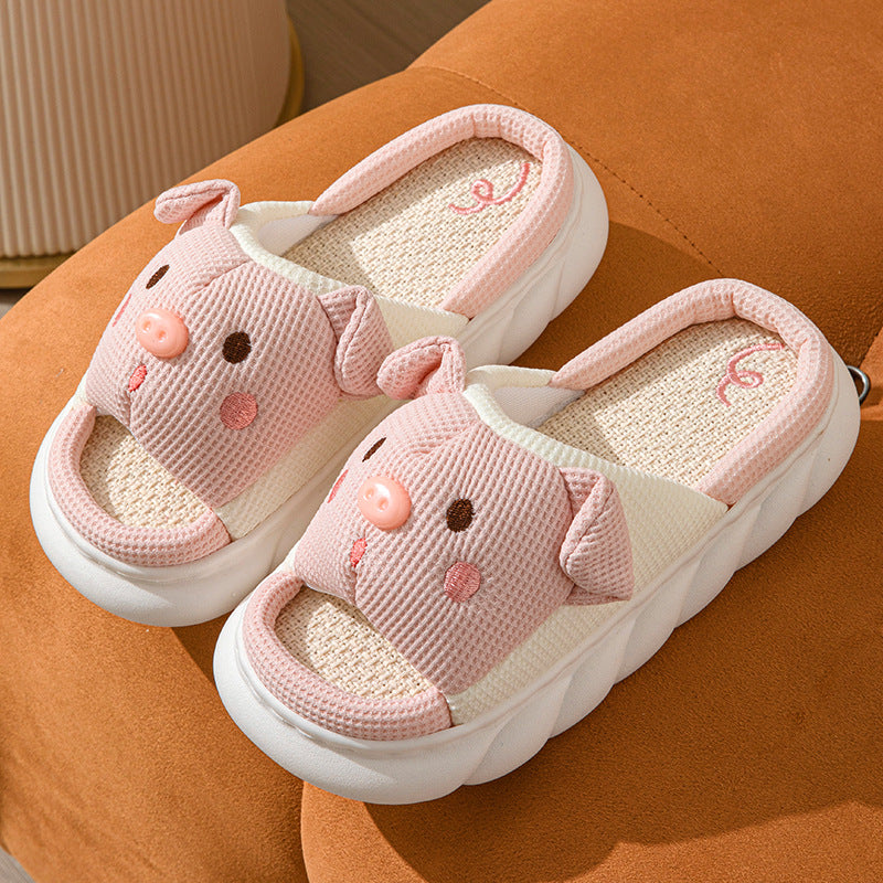 Cute Cartoon Piggy Open Toe Linen Home Slippers