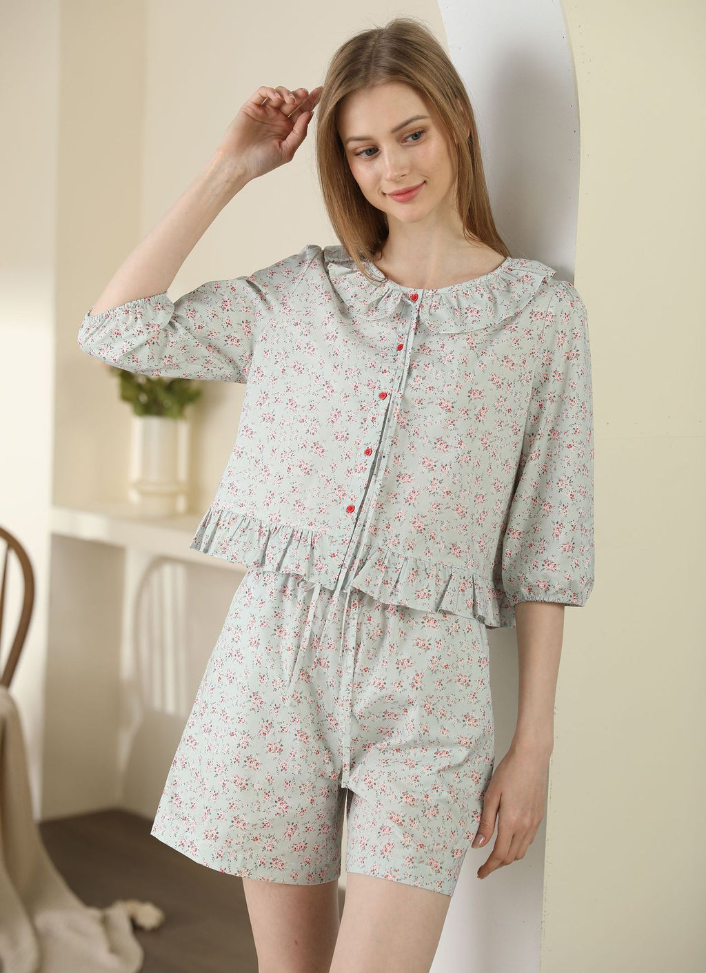 Cute Small Floral Cardigan Lace Collar Cotton Pajamas