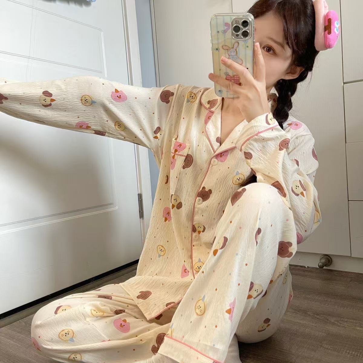 Graphic Long Sleeve Pajama Cardigan Lounge Set