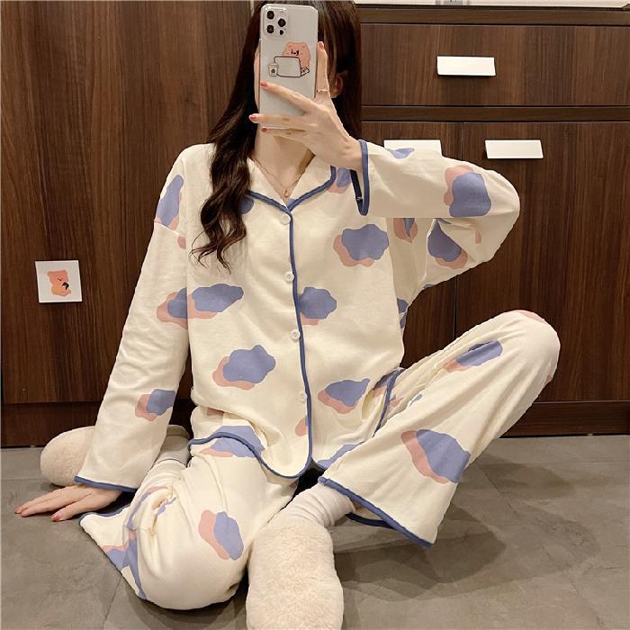 Cute Comfy Long-sleeved Simple Loose Pajamas