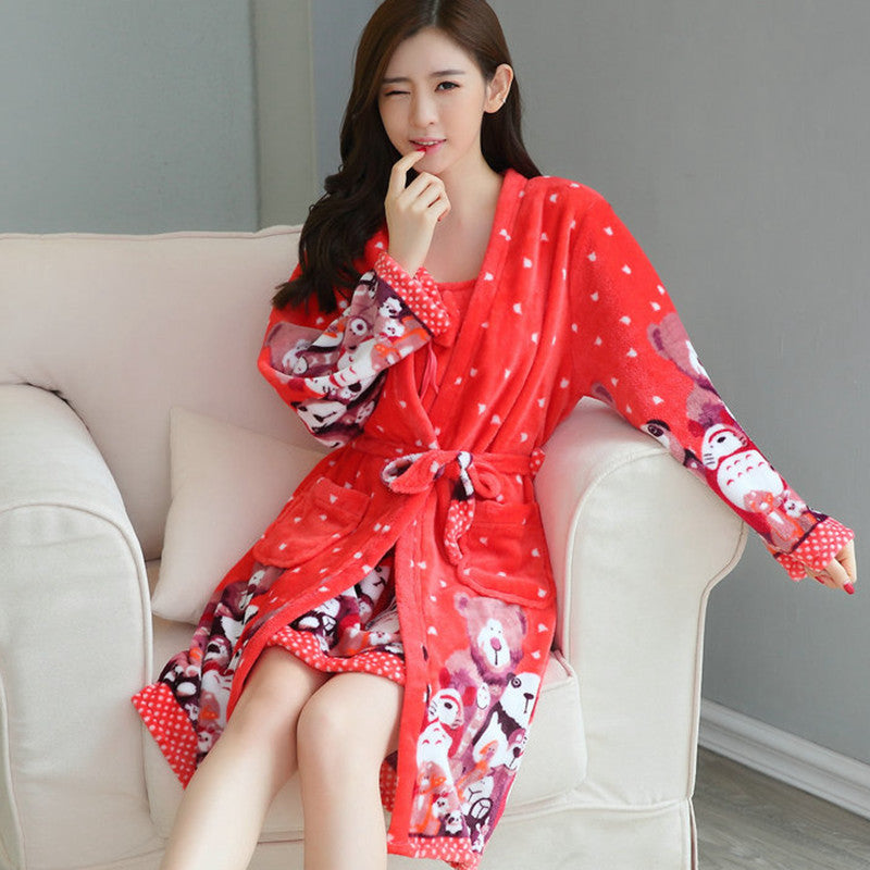 Thick Warm Long-sleeved Nightgown With Two-piece Suspenders