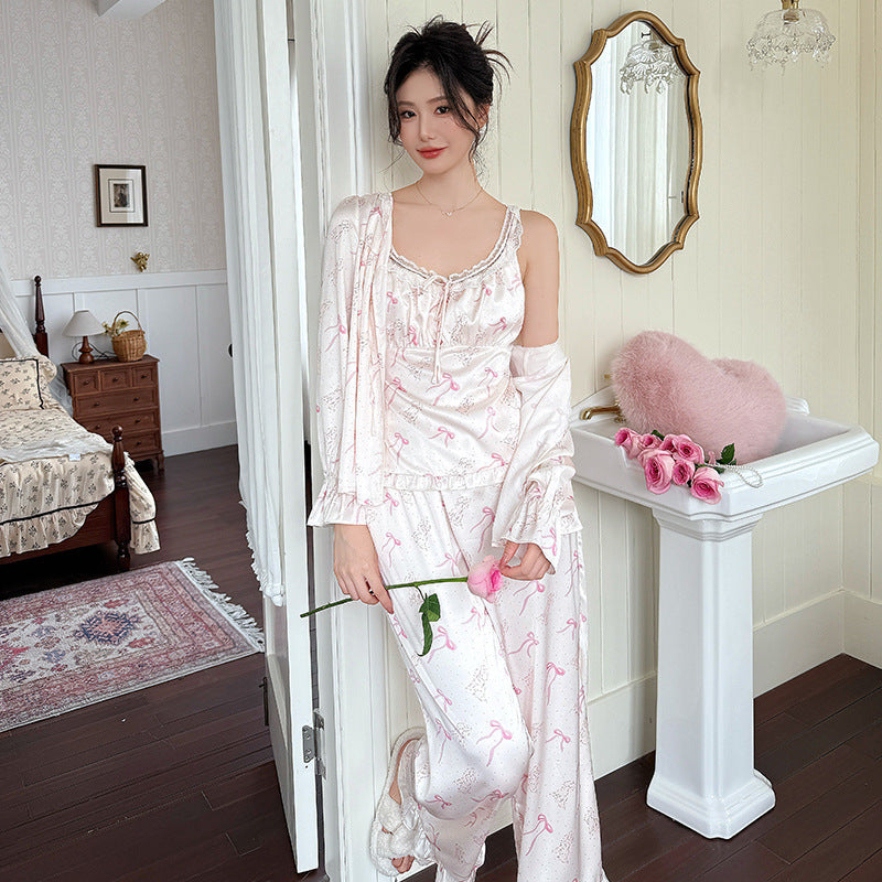 Silk Pajama Set Bow-Detailed Print Long Sleeves 3-Piece Set
