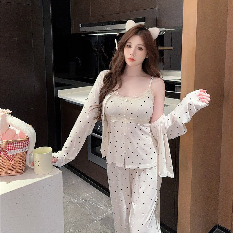 Cotton Heart Printed Long-sleeved Trousers Sling Three-piece Set