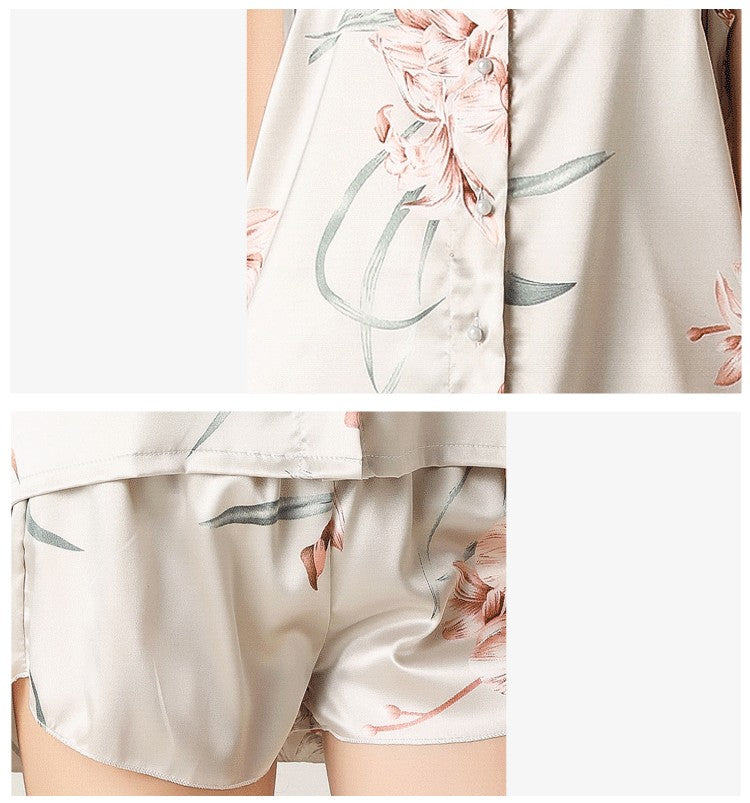 Silk Floral Color Pajamas Shorts Two-piece Set