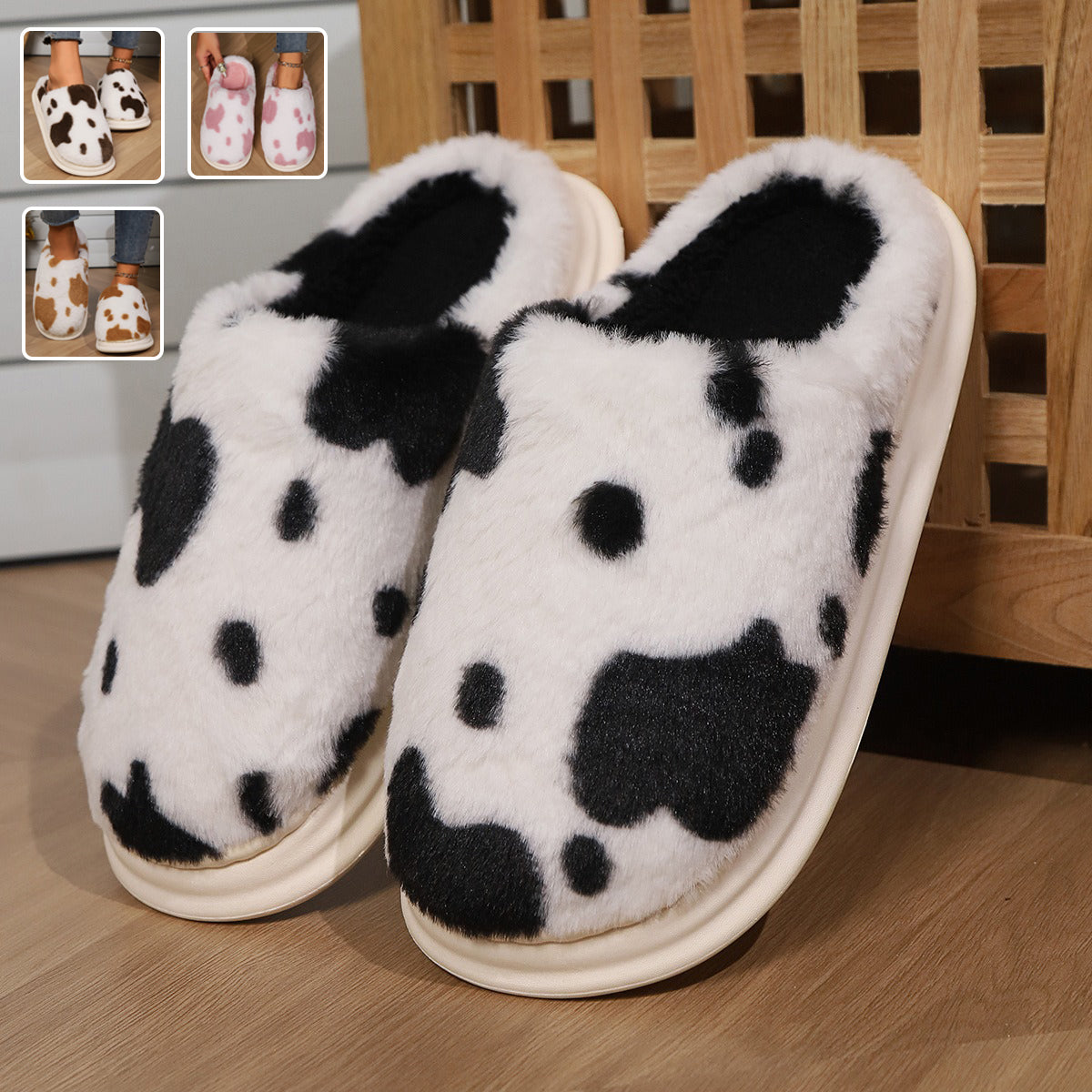 Cow Spotted Plush Warm Non-slip Bedroom Floor Fuzzy Slippers
