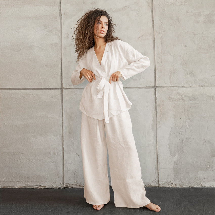 Cotton Linen Women Pajama Robe Sets Lace Up Long Sleeve