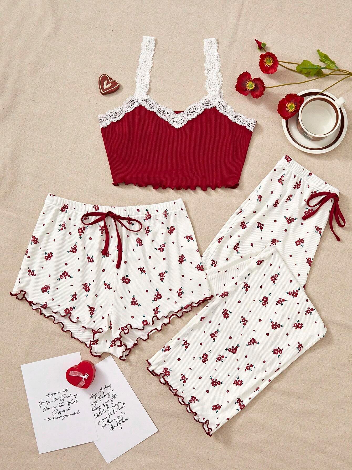 Sexy Floral Lace Sling Three-piece Set Pajamas