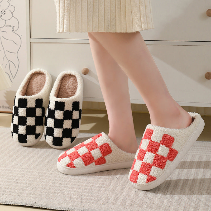 Checkerboard Print Floor Warm Cotton Slippers