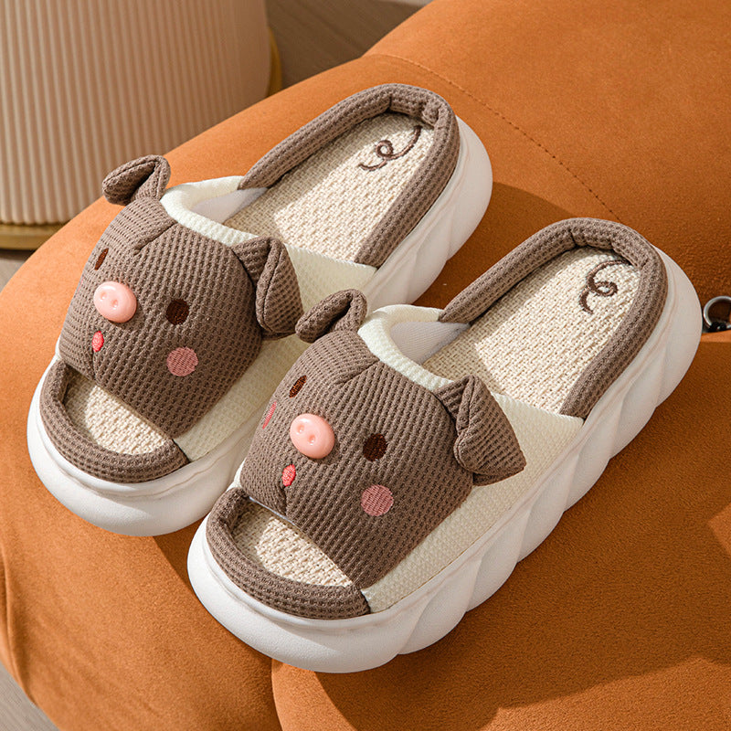 Cute Cartoon Piggy Open Toe Linen Home Slippers