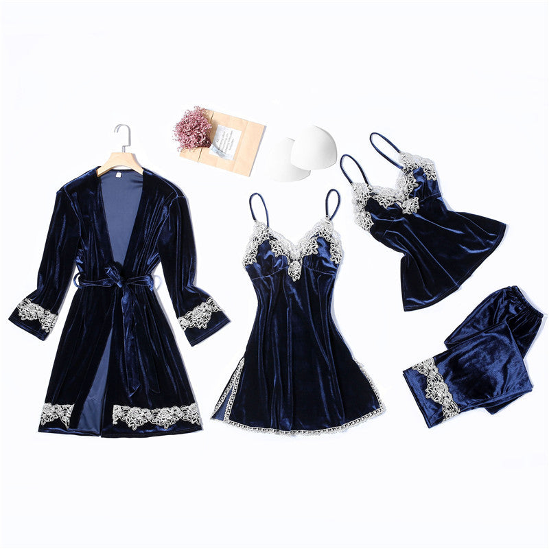 Gold Velvet Pajamas Four-piece Set Suspender Trousers Nightgown Sexy Homewear