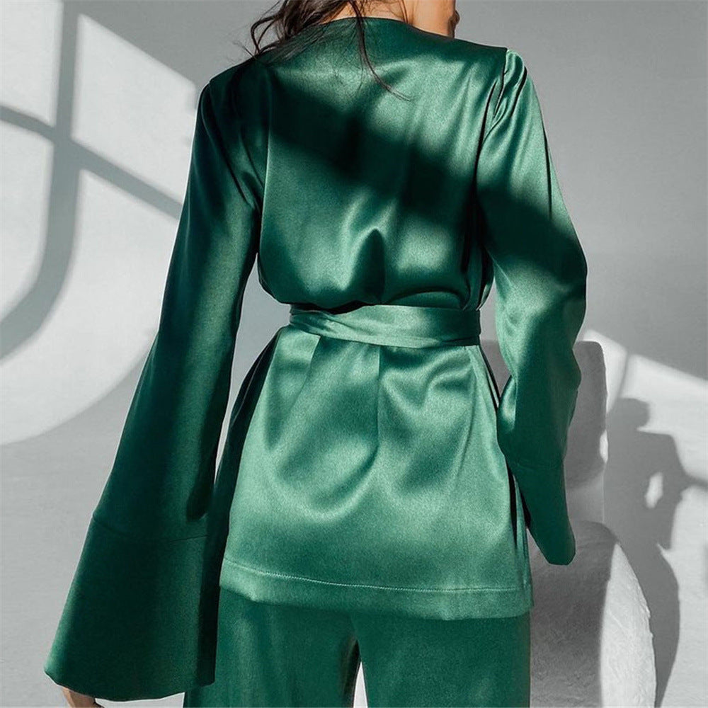 Satin Two Piece Loose Cardigan Pajama Set