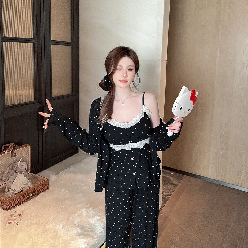 Cotton Heart Printed Long-sleeved Trousers Sling Three-piece Set
