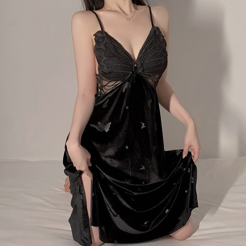 Deep V Push Up With Chest Pad Velvet Spaghetti Straps Nightdress Gown