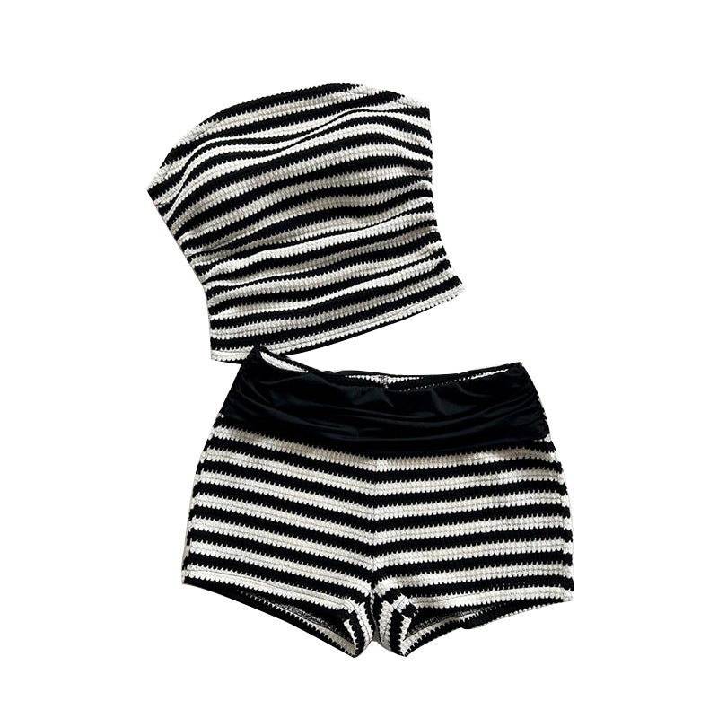 Stripes Tube Top & Shorts Pants Two-piece Set
