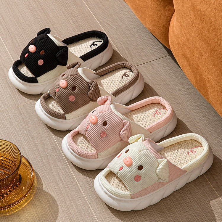 Cute Cartoon Piggy Open Toe Linen Home Slippers