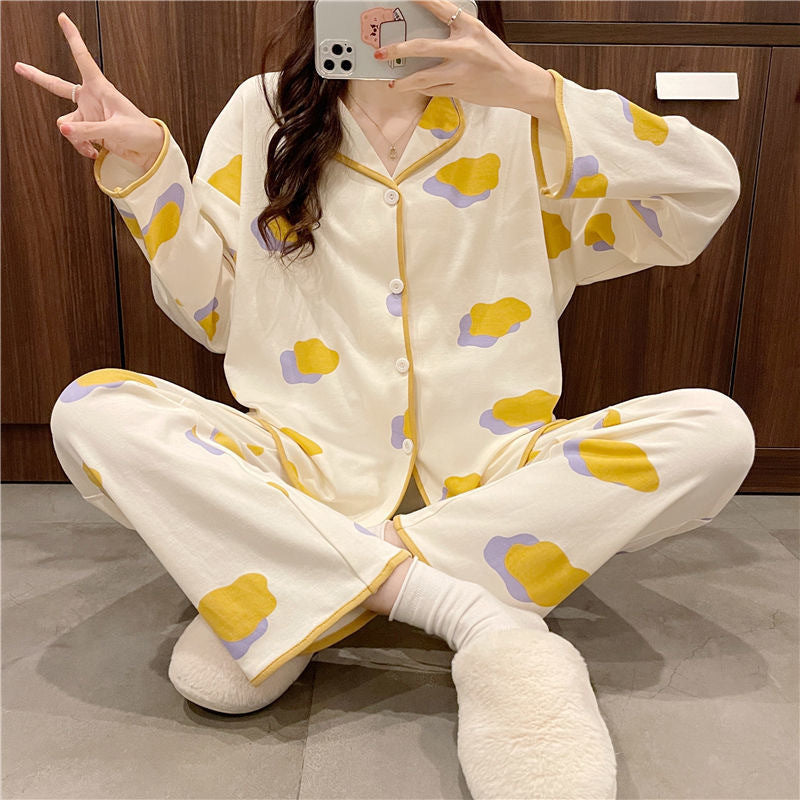 Cute Comfy Long-sleeved Simple Loose Pajamas