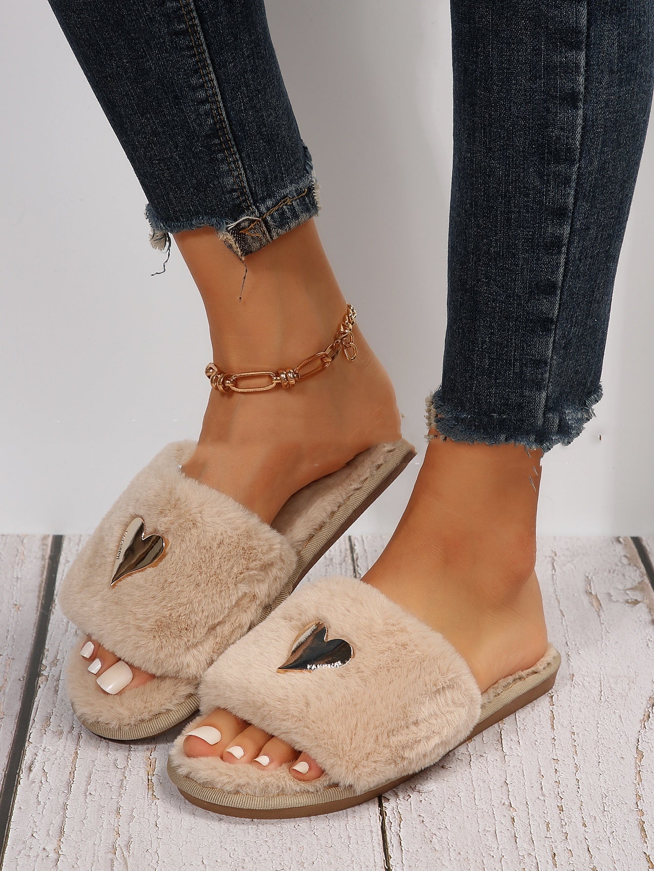 Fluffy Plush Heart Emblem Flip Flops