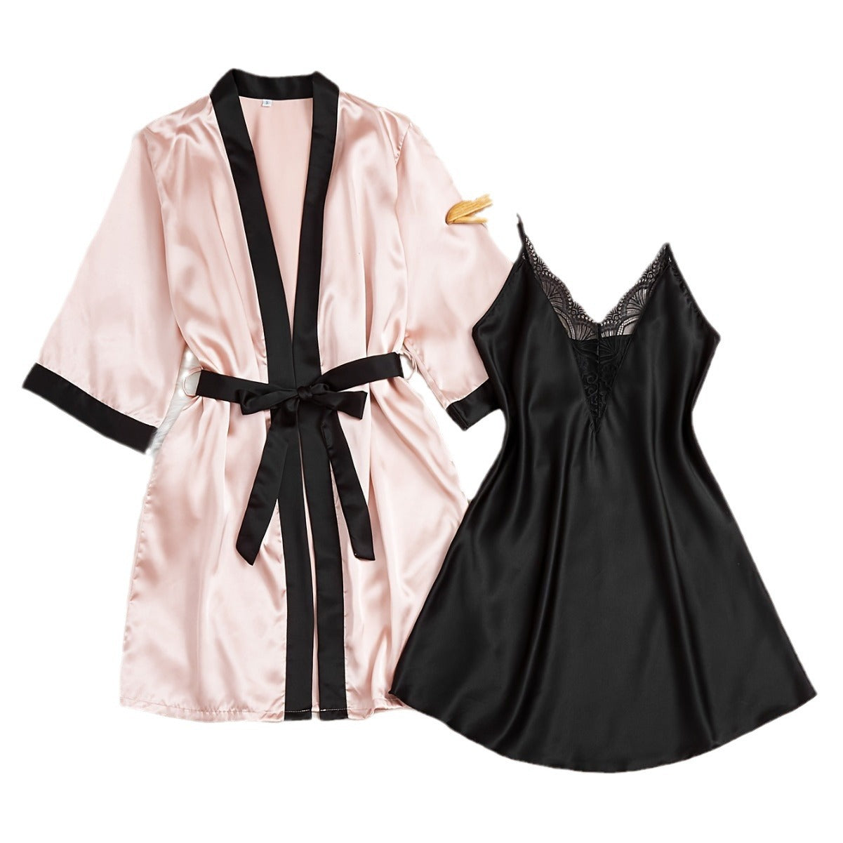 Faux Silk Bathrobe And Pajama Two-Piece