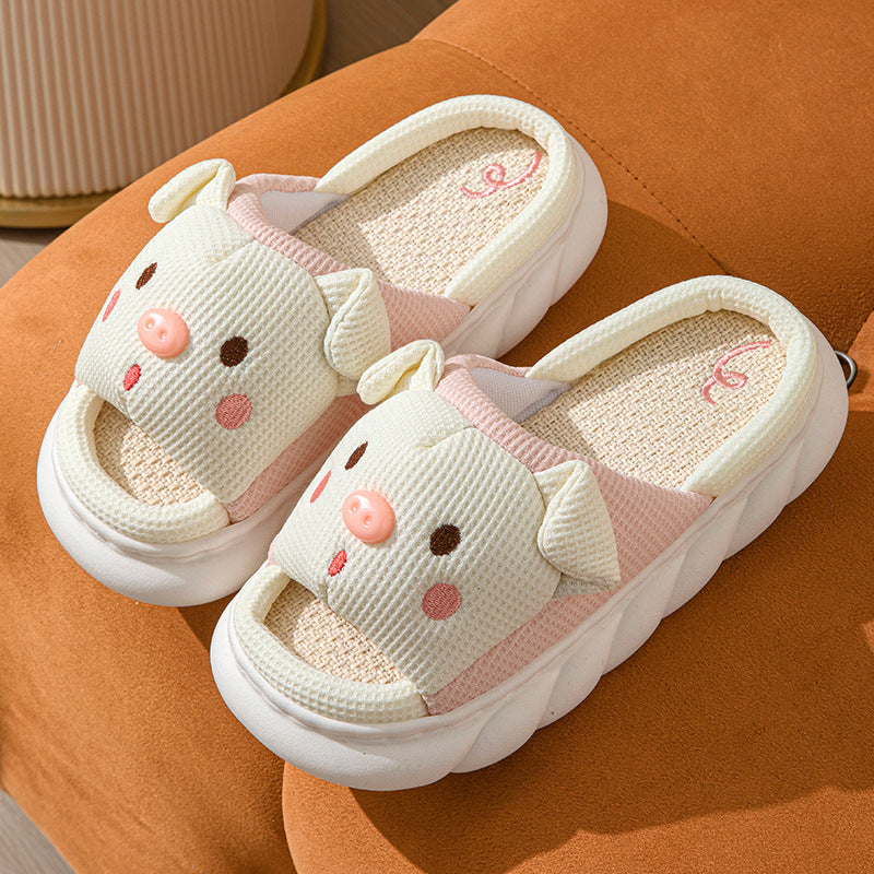 Cute Cartoon Piggy Open Toe Linen Home Slippers