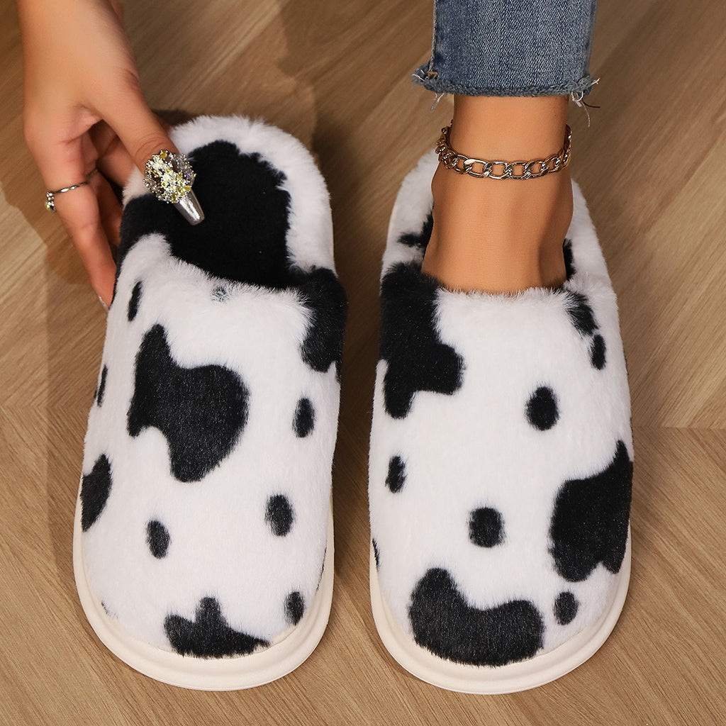 Cow Spotted Plush Warm Non-slip Bedroom Floor Fuzzy Slippers